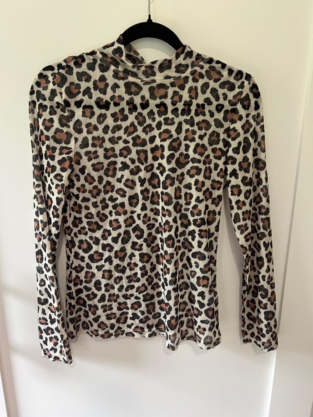 Leopard Print Mock Neck Long Sleeve Top - Cream/Brown